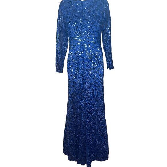 Mac Duggal LONG SLEEVE RUCHED SEQUINED V-NECK GOWN in Midnight Blue NWOT Size 6 - Picture 6 of 8